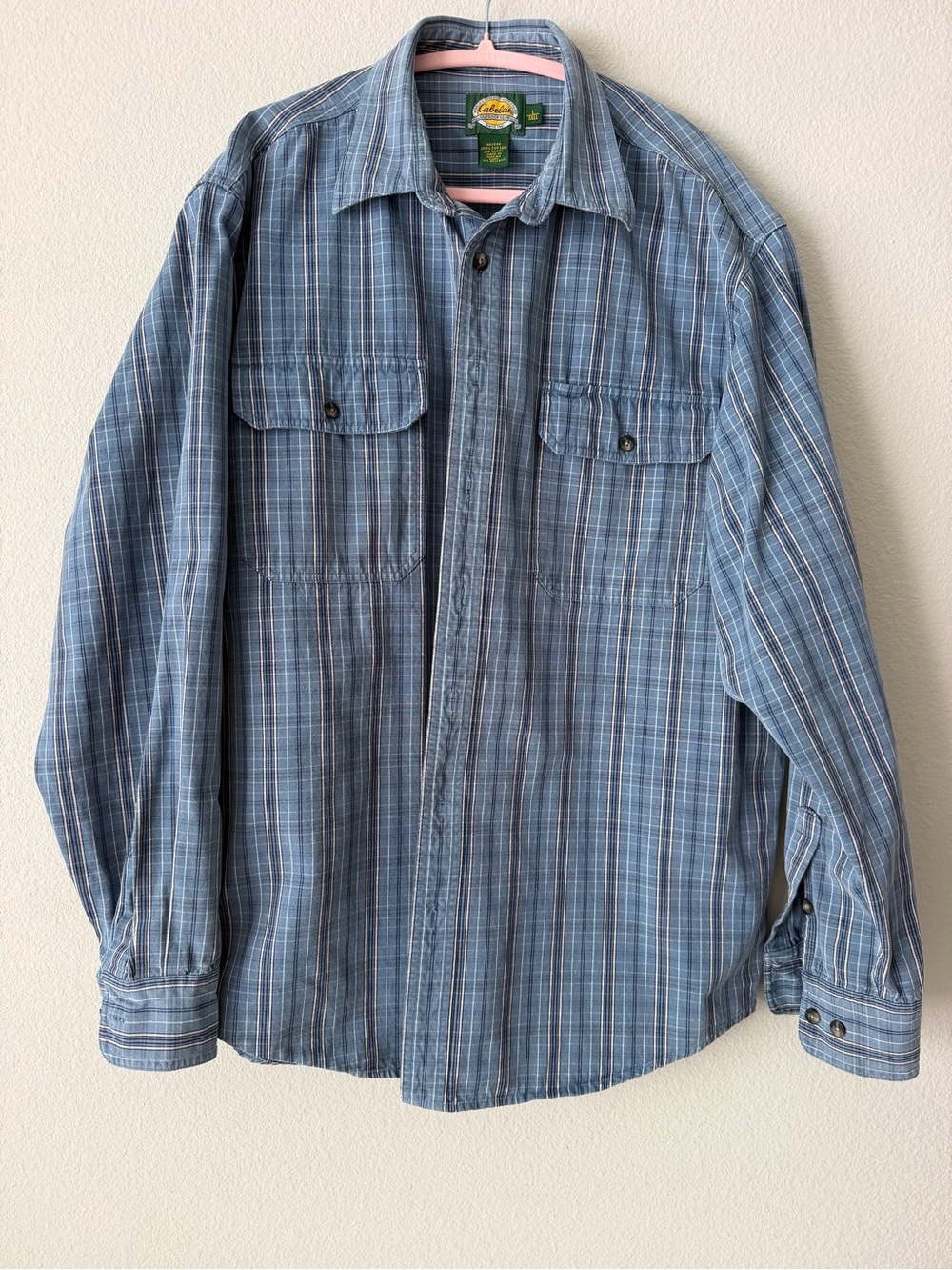 Cabela’s Men's L Tall Shirt Blue Plaid Button-Up 100% Cotton Jacket Outdoor Work